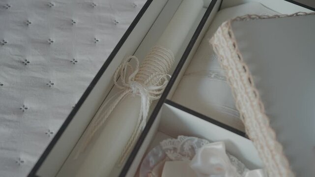 Close view of rolled paper scroll tied with string inside box