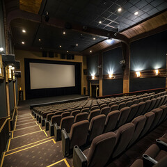 Naklejka premium Interior of movie theater with empty red seats and projector