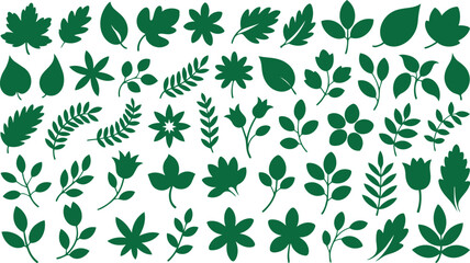 Obraz premium Numerous green leaf and plant sprig silhouettes featuring different shapes and sizes on a light backdrop