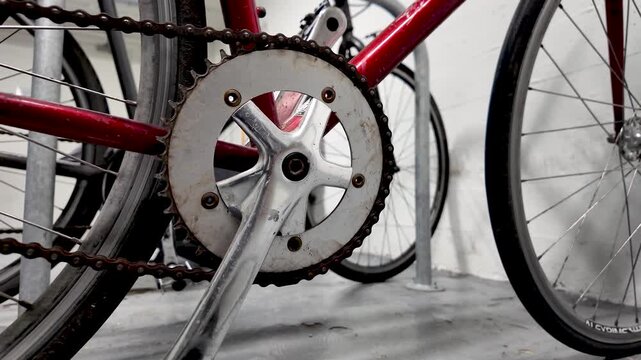 Bicycle chain, crankset, and sprocket showing rust and wear parked indoors