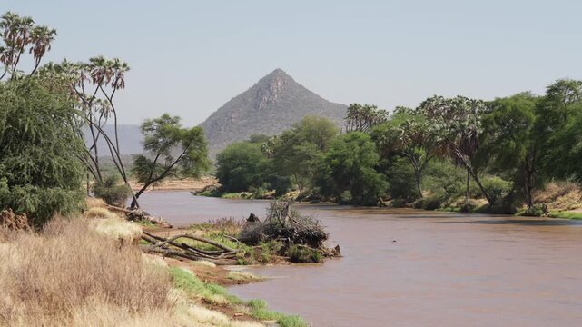 Wide view of a calm river flowing through savanna vegetation with trees along the banks and a rocky mountain rising in the background in Samburu National Reserve, Kenya.