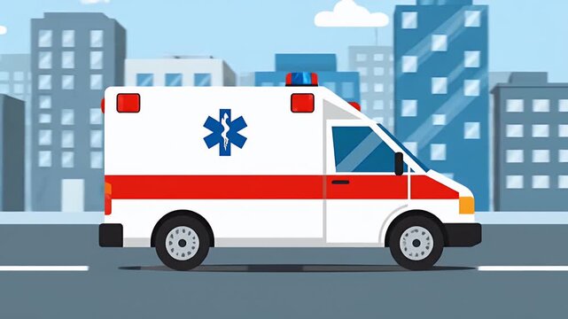 This illustration depicts an ambulance traveling through an urban landscape. Ideal for concepts related to healthcare, emergency services, and public 
