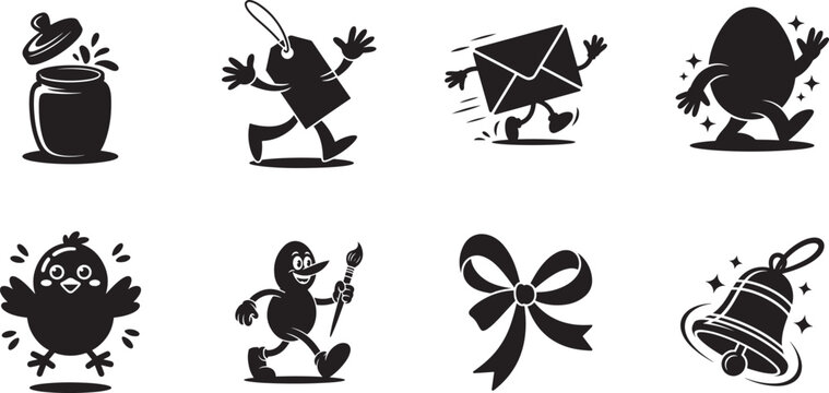 Whimsical black silhouettes of animated objects like a jar envelope and a painting bird