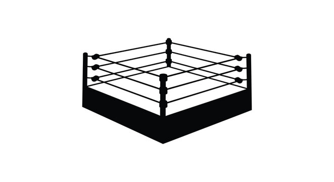 A minimalist black and white illustration depicts a professional wrestling ring from an isometric perspective high quality detailed