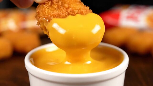 A crispy fried nugget being dipped into a rich cheese sauce, captured in close-up from a slightly elevated viewpoint.