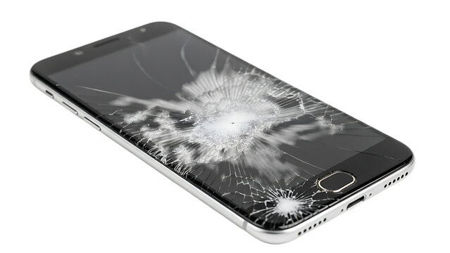 A close-up shot of a modern smartphone with a completely shattered and broken screen display