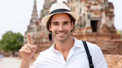 Candid moment of a traveler pointing at landmark during a trip, casual outfit, natural expression, cinematic lighting, handheld camera angle, background shows historic temple, lifestyle aesthetic