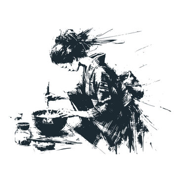 Japanese woman stirring rice porridge
