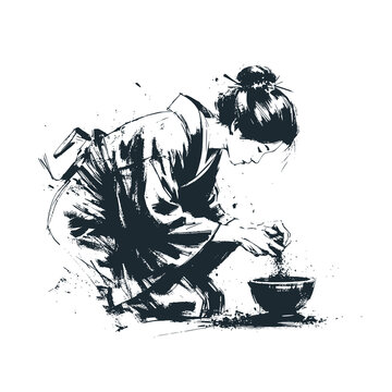 Japanese woman in kimono folding and preparing tea leaves