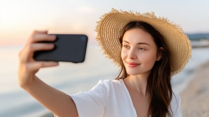 Candid moment of a traveler checking phone notifications during a trip, casual outfit, natural expression, cinematic lighting, handheld camera angle, background shows beach sunset, lifestyle aesthetic