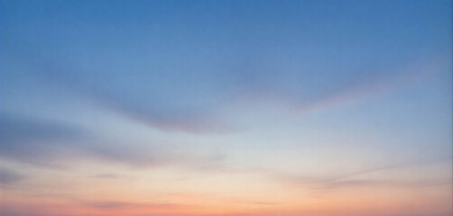 A serene landscape captures the transition from day to night with soft hues of blue and pink in the sky. Wispy clouds reflect peaceful evening light at dusk.