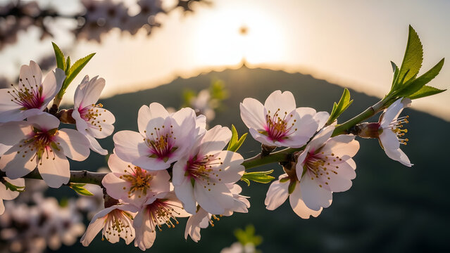 Blooming White Cherry Blossoms in Soft Focus with Green Leaves against Mountainous Landscape at Sunset