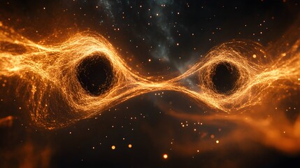 Two massive black holes in deep space merging dramatically creating intense gravitational waves surrounded by brilliant swirling orange plasma filaments and distant starlight
