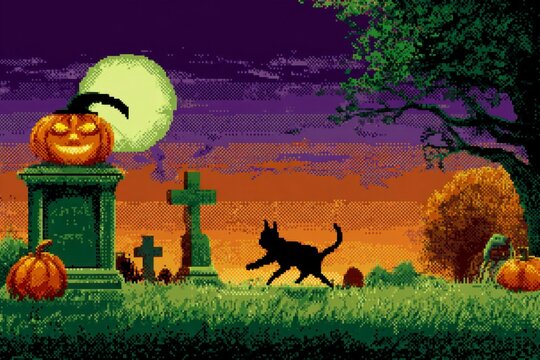 a black cat running away from the pumpkin headman in front of an old cemetery, orange and green color scheme, purple sky with moonlight, green grass background