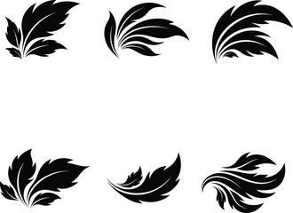 Fototapeta premium Collection of ornamental black silhouette swirling leaves and stylized feather foliage for graphic design flourishes.