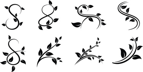 Collection of eight black vector floral vine silhouettes with swirls and leaves for decoration. © Munna_SH