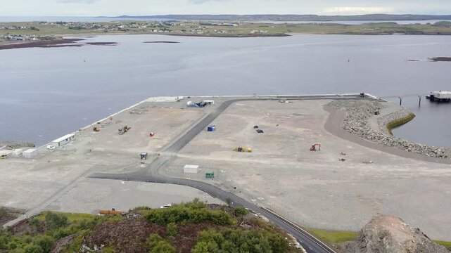 Drone shot of Stornoway deep water port under construction with Point peninsula.