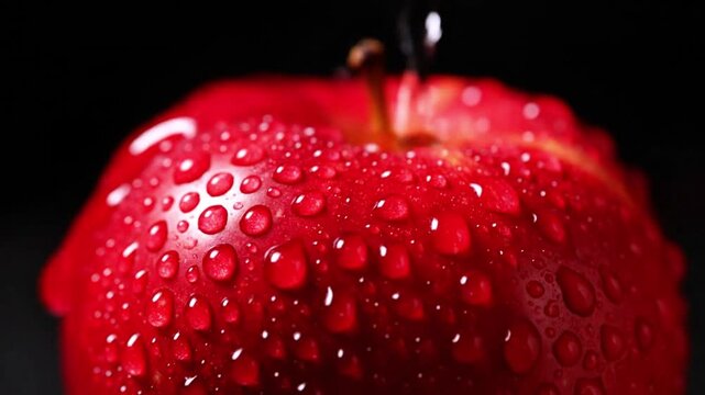 Close-up of fresh red apple with water droplets on surface against black background healthy food fruit concept