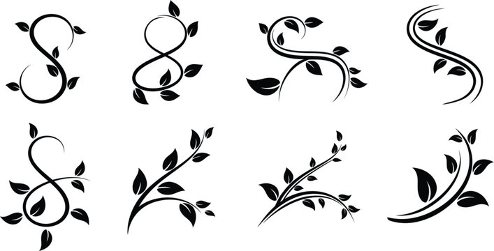 Collection of eight black vector floral vine silhouettes with swirls and leaves for decoration.