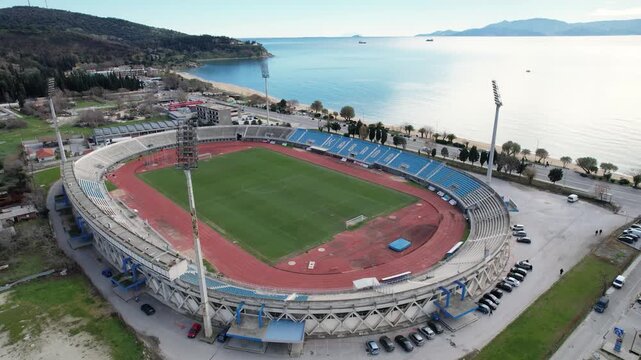 Aerial View of Kavala National Football Stadium in Perigiali Beach, Point of Interest Shot