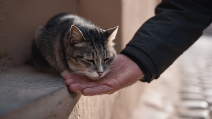 Candid moment of a traveler petting stray cat during a trip, casual outfit, natural expression, cinematic lighting, handheld camera angle, background shows cobblestone alleyway, lifestyle aesthetic