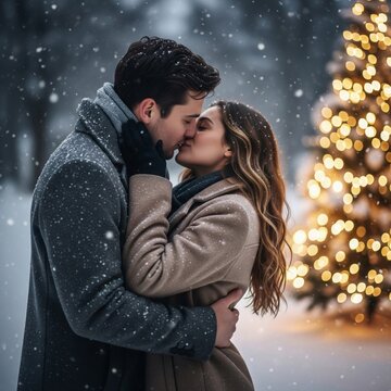 Romantic Couple Kissing in Snowy Forest with Glowing Christmas Tree