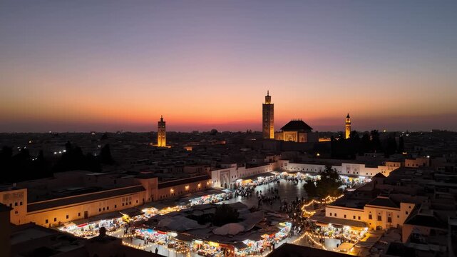 Aerial View of Jemaa El Fna Market at Dusk in Marrakech, Morocco