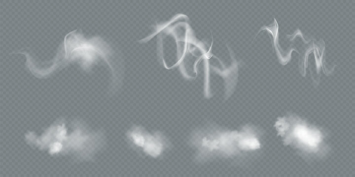 Transparent vector smoke and cloud set. Realistic fire smoke, white fluffy cloud, fog wave, and chimney smoke with overlay effect. Ideal for weather illustration, sky backgrounds