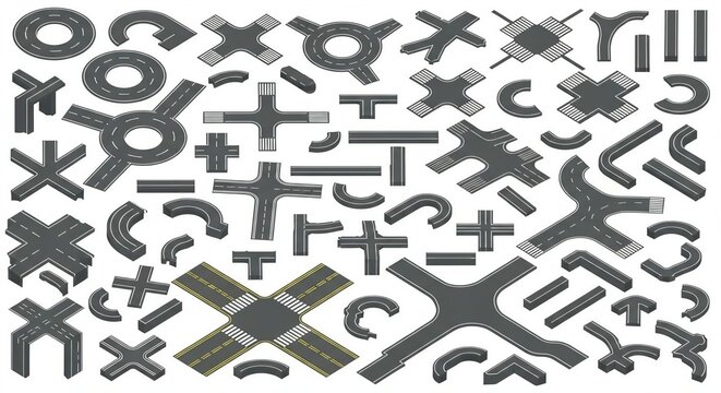 A comprehensive collection of isometric road and street elements for map building isolated on white background
