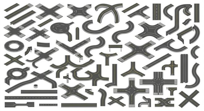 A comprehensive set of isometric road elements including various intersections and straight segments isolated on white background