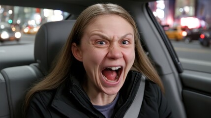 Candid moment of a traveler laughing with a taxi driver during a trip, casual outfit, natural expression, cinematic lighting, handheld camera angle, background shows neon-lit downtown streets at
