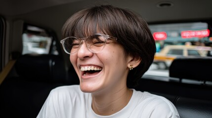 Candid moment of a traveler laughing with a taxi driver during a trip, casual outfit, natural expression, cinematic lighting, handheld camera angle, background shows neon-lit downtown streets at