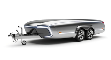 Modern silver travel trailer aerodynamic design for camping and road trips isolated on white b