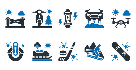 A set of 10 mix icons as gyroscooter, electric scooter, electric longboard © popcornarts