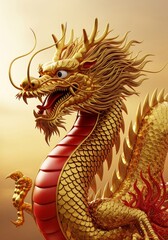 Fototapeta premium Golden Dragon Sculpture Intricate Scales Red Accents Warm Background