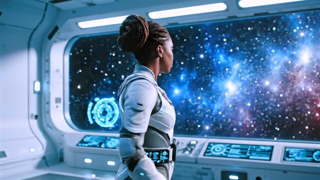 Astronaut gently secures suit while observing distant starfield in cabin, Female astronaut in interior controls equipment and reviews instrumentation with serene concentration