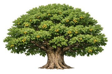 Mature fruit tree growing with yellow fruit and green leaves, transparent background cutout for design elements