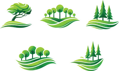Set of Stylized Green Tree and with Wavy Landscape
