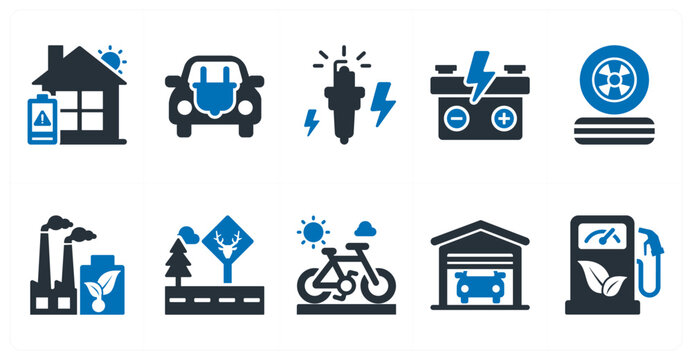 A set of 10 mix icons as low energy house, electro car, spark plug