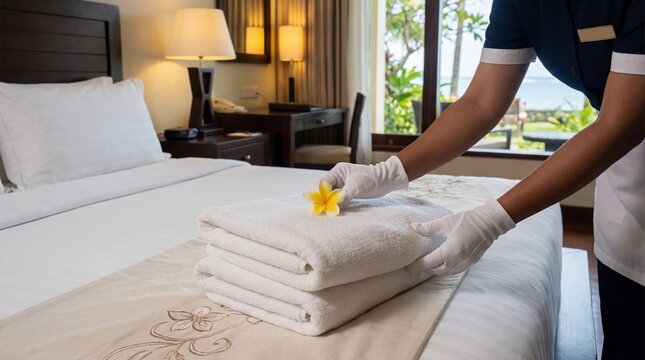 Service with a Flourish: In a luxurious hotel room, a maid, adorned in gloves, delicately arranges fresh, folded towels adorned with a solitary flower.