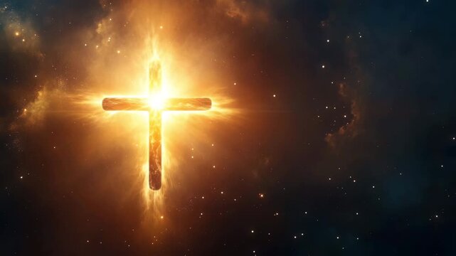 Glowing cross against cosmic background symbolizing faith and spirituality