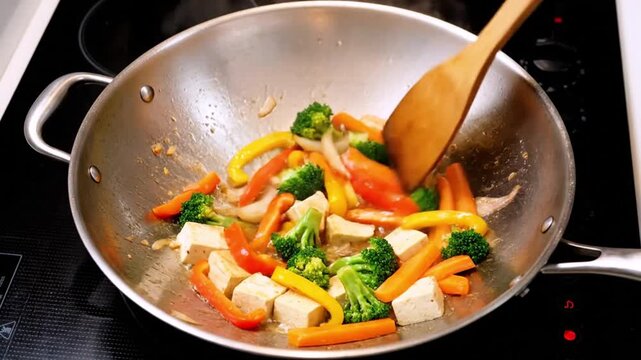 Stir-frying vegetables and tofu in a pan with wooden spatula on electric stove