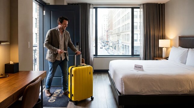 Modern traveler in stylish room: A man, fresh from his travels, stands inside a modern hotel room, pulling his bright yellow luggage behind him. The room is modernly furnished.