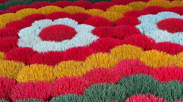 Colorful incense sticks arranged in decorative patterns, reflecting traditional craftsmanship, cultural rituals, and everyday spiritual life in Vietnam.