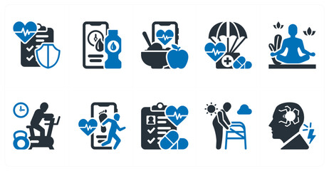 A set of 10 mix icons as insurance, hydration app, healthy eating