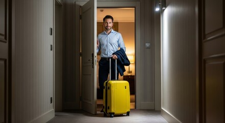Hotel Arrival: A man, fresh-faced and carrying a sleek suitcase, stands confidently in the doorway of a hotel room, ready to embrace the promise of his destination.