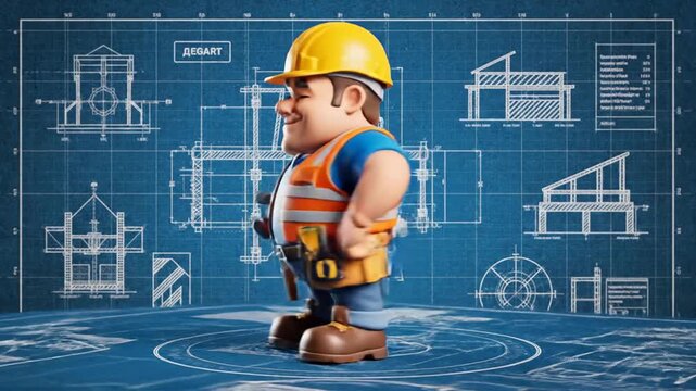 Cartoon construction worker standing with thumb up on blueprint background
