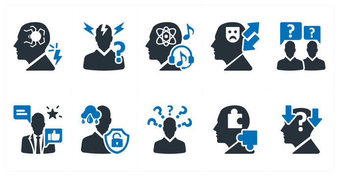 A set of 10 mix icons as phobia, panic attacks, relaxation music