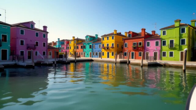 Boat Rides Along Colorful Houses in Burano Canal, Venice Italy