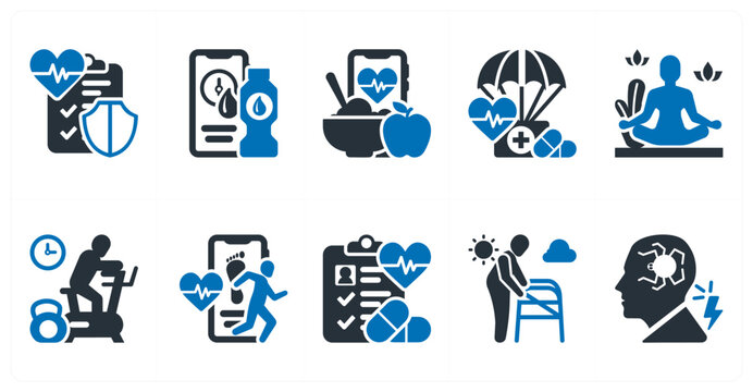 A set of 10 mix icons as insurance, hydration app, healthy eating